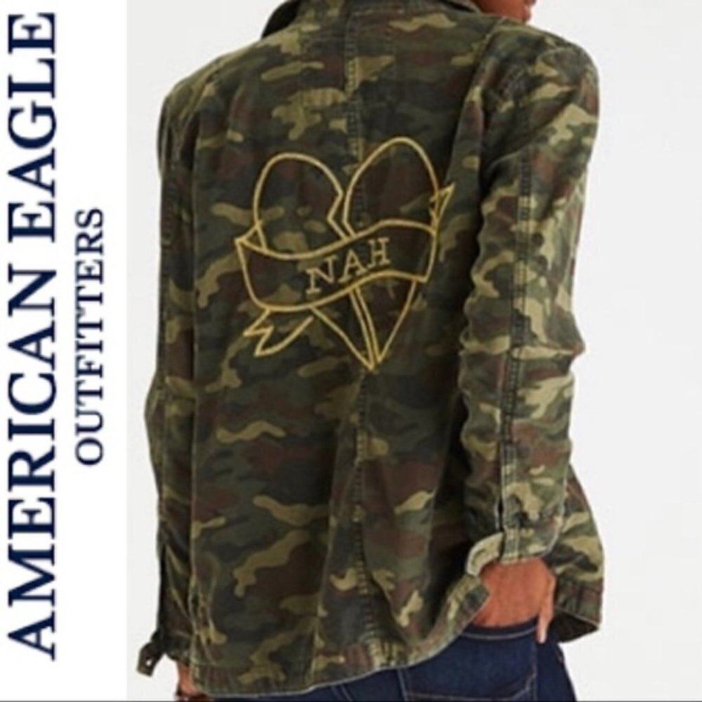 American Eagle AEO Green‎ Camo Nah Embroidered Utility Jacket S
